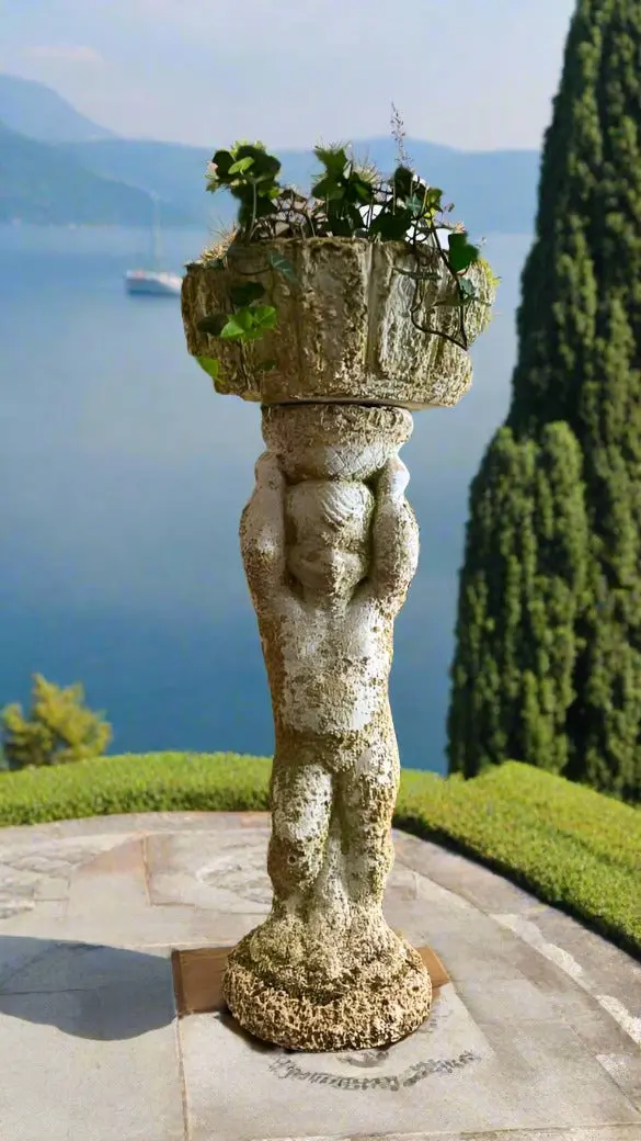 Antique Putto Holding A Basket - Cement Plant Stand 1