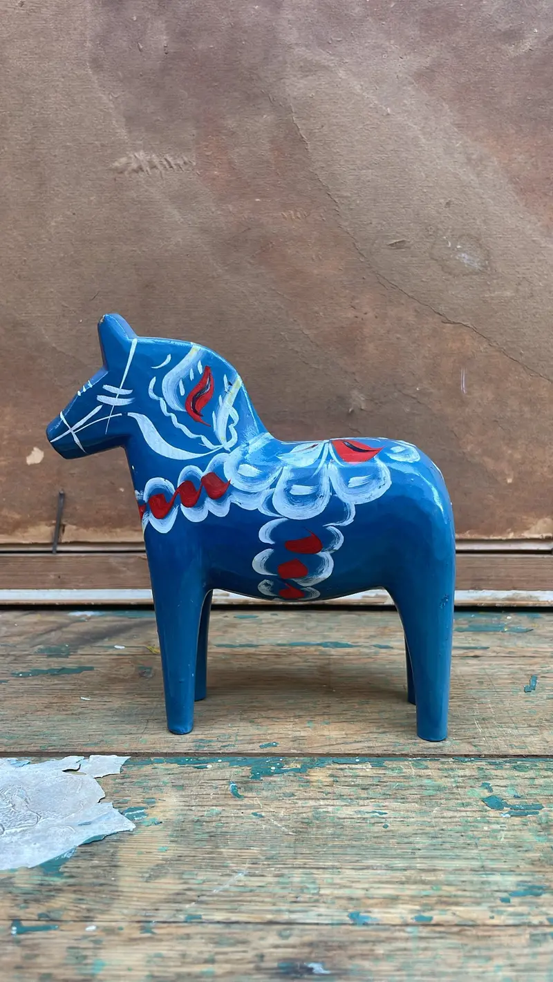 Antique Swedish Dala Horse, Bright Blue With Red And White Kurbits 1