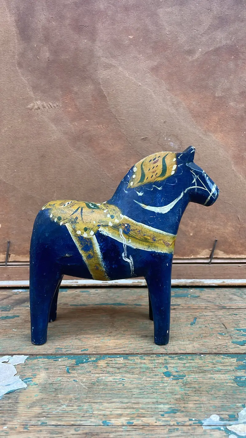 Antique Swedish Dala Horse, Midnight Blue With Ochre Decoration 1
