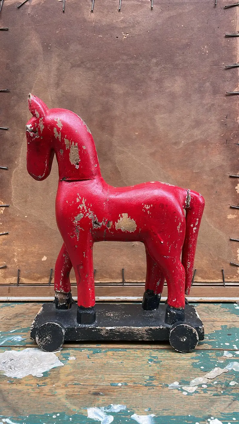 Antique Wooden Horse On Wheels, Scandinavian – Painted Red 1