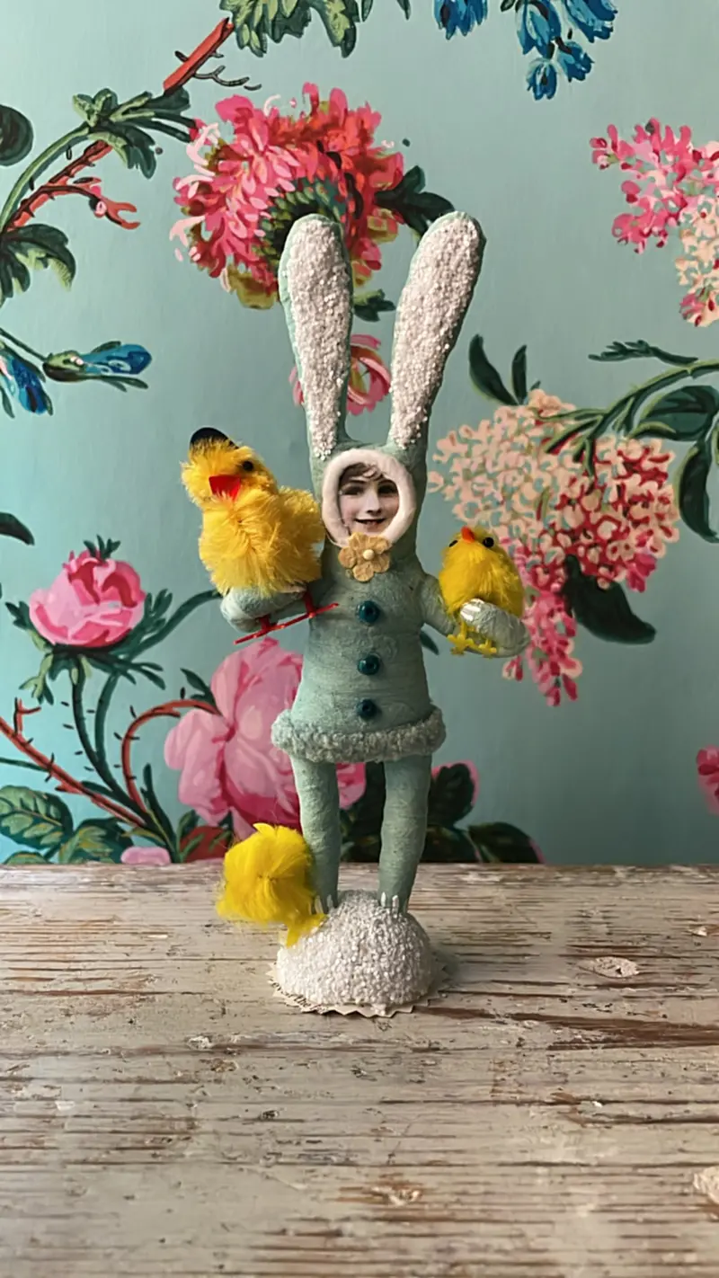 Blue Chick Collecting Bunny Child Figure - Vintage By Crystal | Vintage By Crystal Spun Cotton Ornament 1