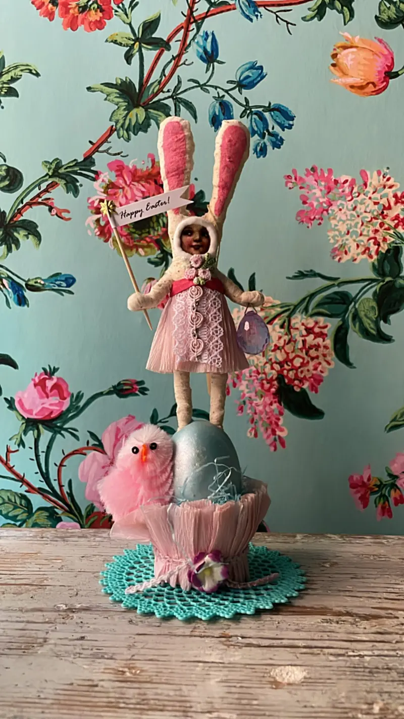 Bunny Girl Standing On Egg Figure - Vintage By Crystal | Vintage By Crystal Spun Cotton Ornament 1