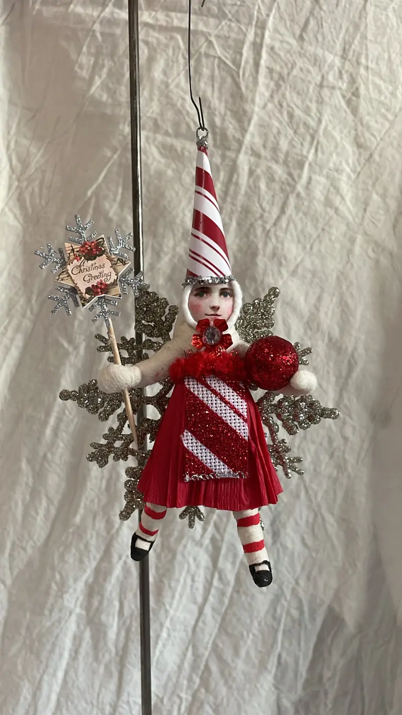 Candy Cane Striped Princess On Snowflake Ornament - Vintage By Crystal | Vintage By Crystal Spun Cotton Ornament 1