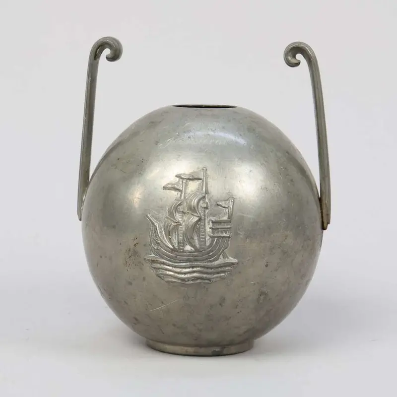 Cg Hallberg For Svenskt Tenn, Pewter Vase With Sailing Ship Relief, 1934 1