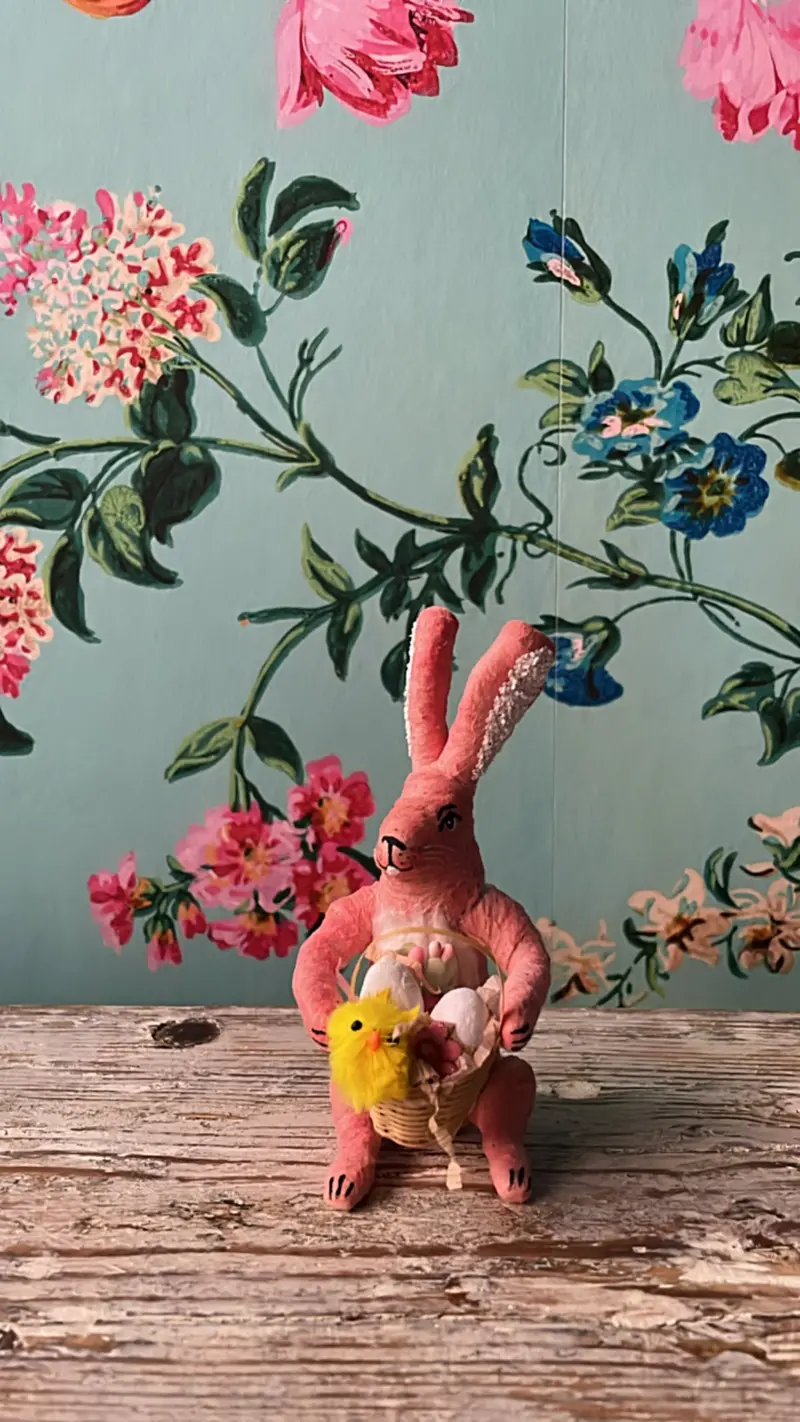 Easter Bunny With Basket Figure - Vintage By Crystal | Vintage By Crystal Spun Cotton Ornament 1