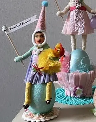 Girl On Egg With Chick Friend Figure #2 | Vintage By Crystal Spun Cotton Ornament 1