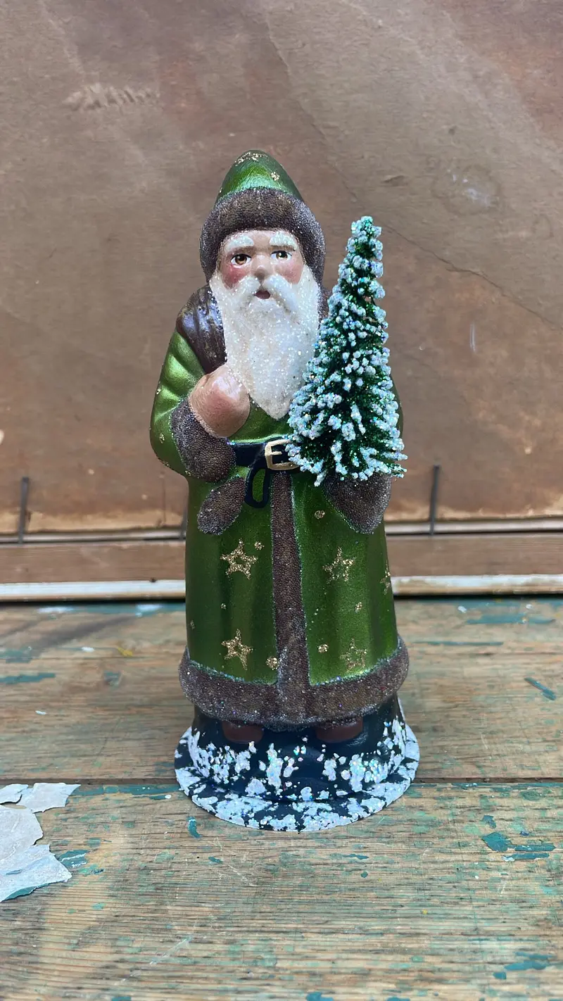 Glossy Bright Green Santa With Gold Stars And Brown Beaded Trim | Ino Schaller 1