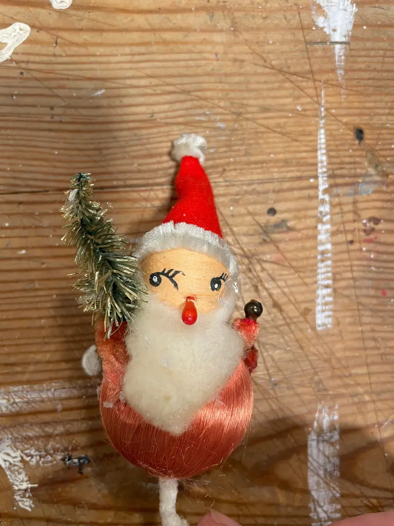 Light Red With Green Tree Vintage Mid-Century Santa Ornament - Made In Japan 1