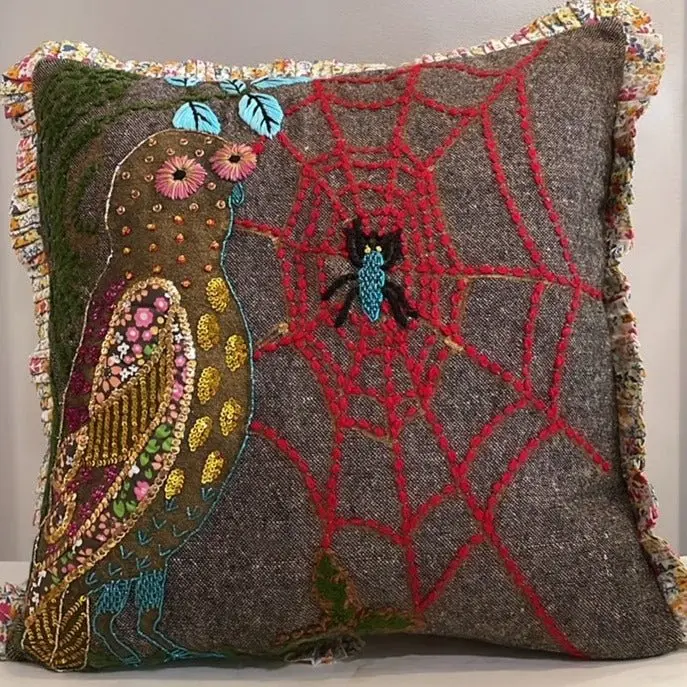 Owl And Spider Embroidered Cushion #2 1