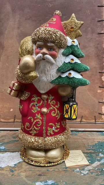 Red Santa With Gold Fleu De Lie & Crystals, Brillant Gold Bag & Beaded Tree | Ino Schaller 1