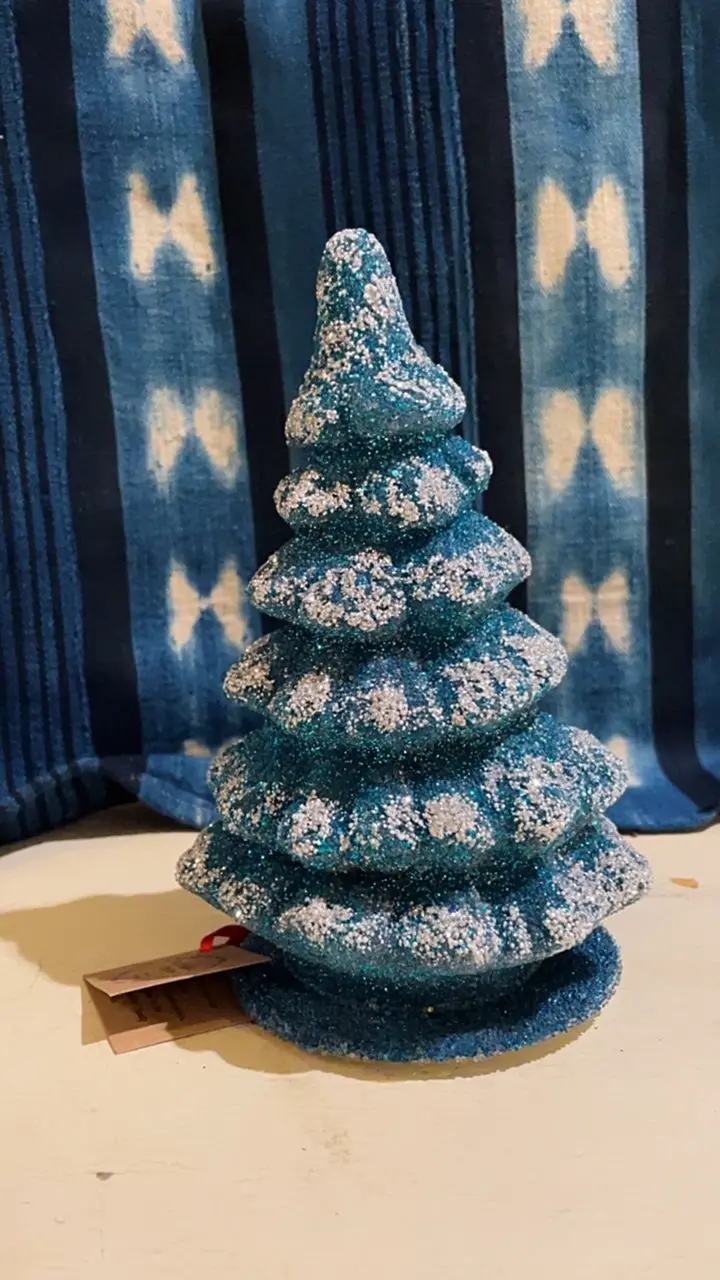 Teal Blue With Frost Christmas Tree - Beaded Papier-Mache 1