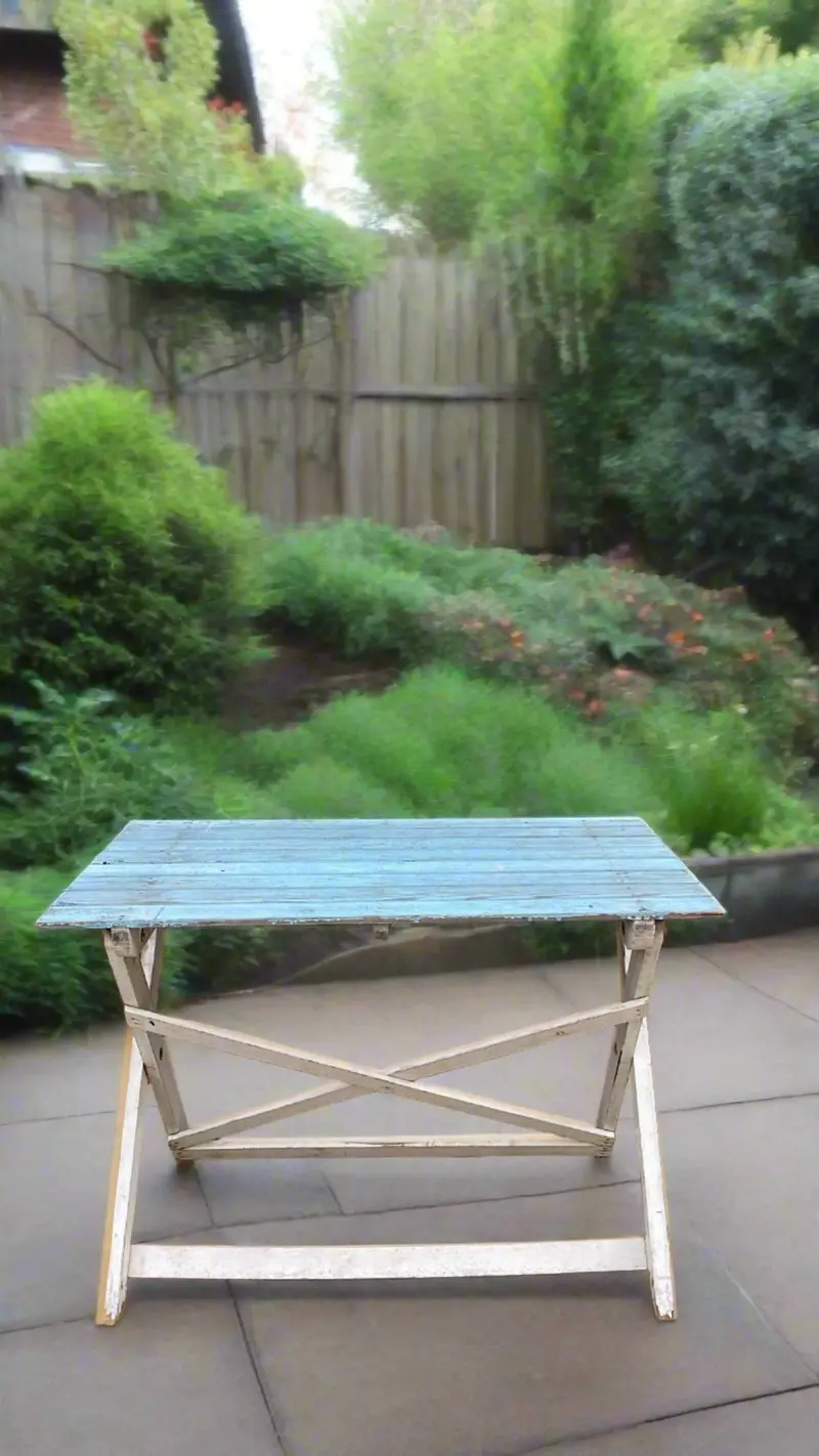 Vintage Folding Table With Blue Slatted Top 1