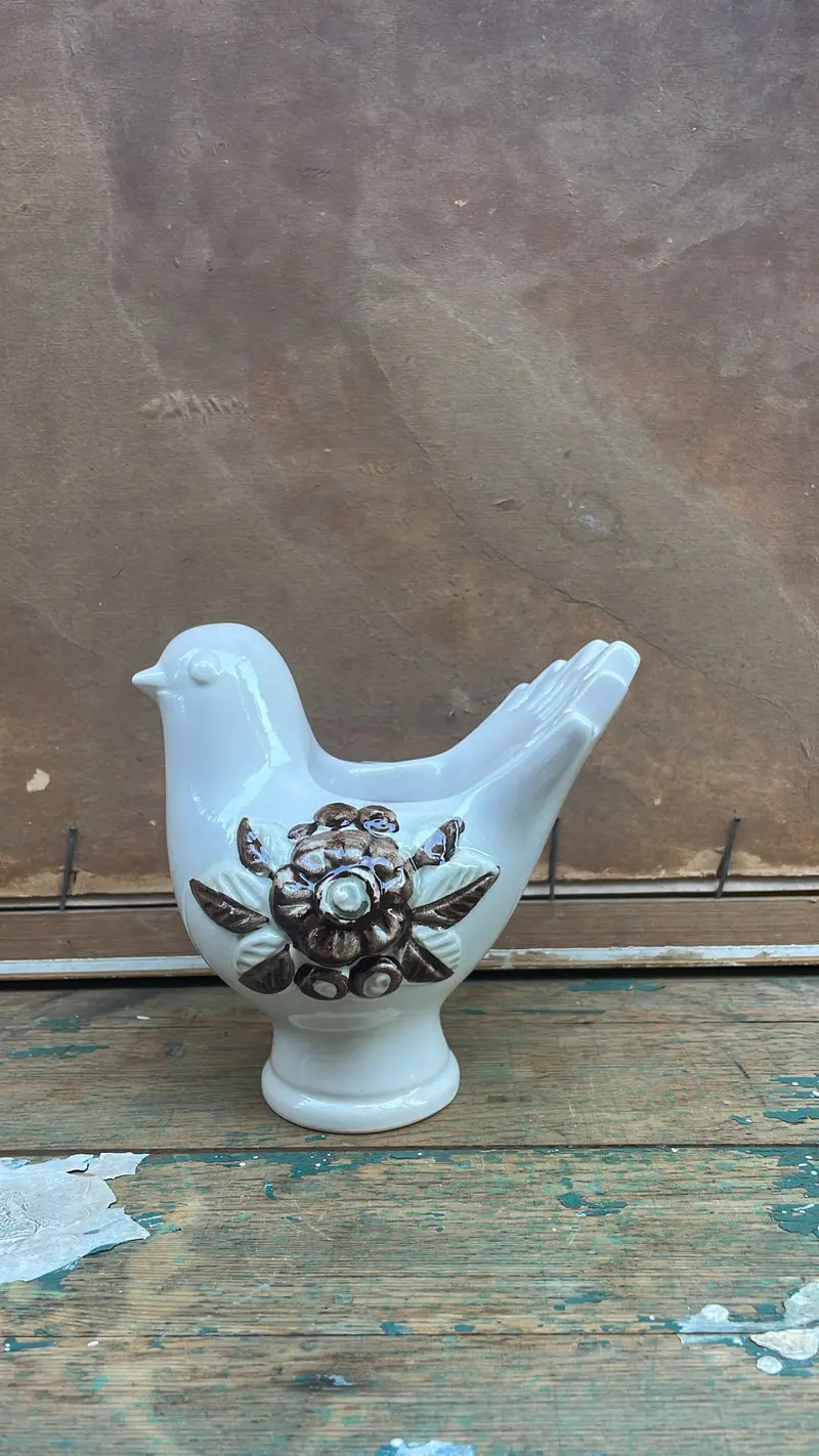 Vintage Rosa Ljung Ceramic Bird With Neutral Floral Relief 1