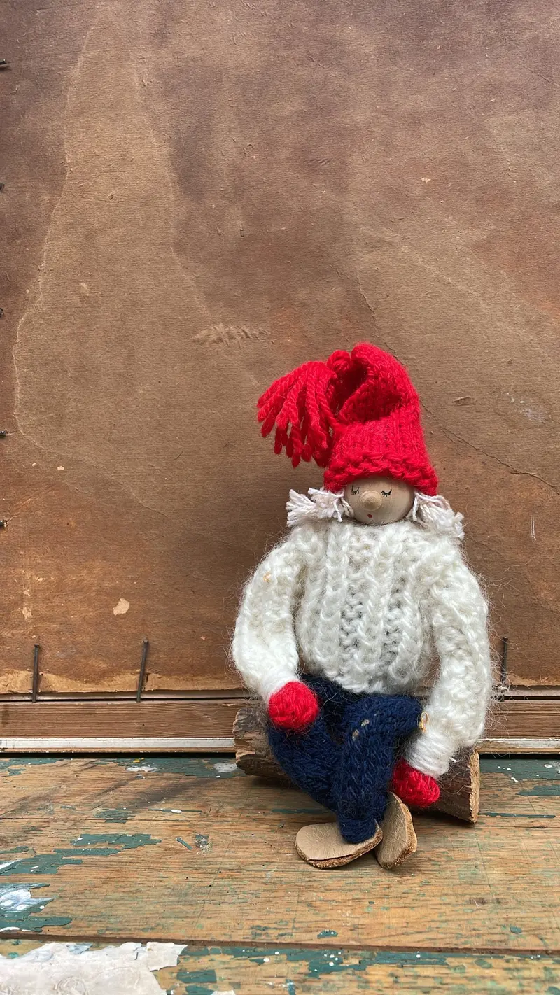 Vintage Scandinavian Knitted Nisse Sitting On Log — Handmade 1970S Figurine 1