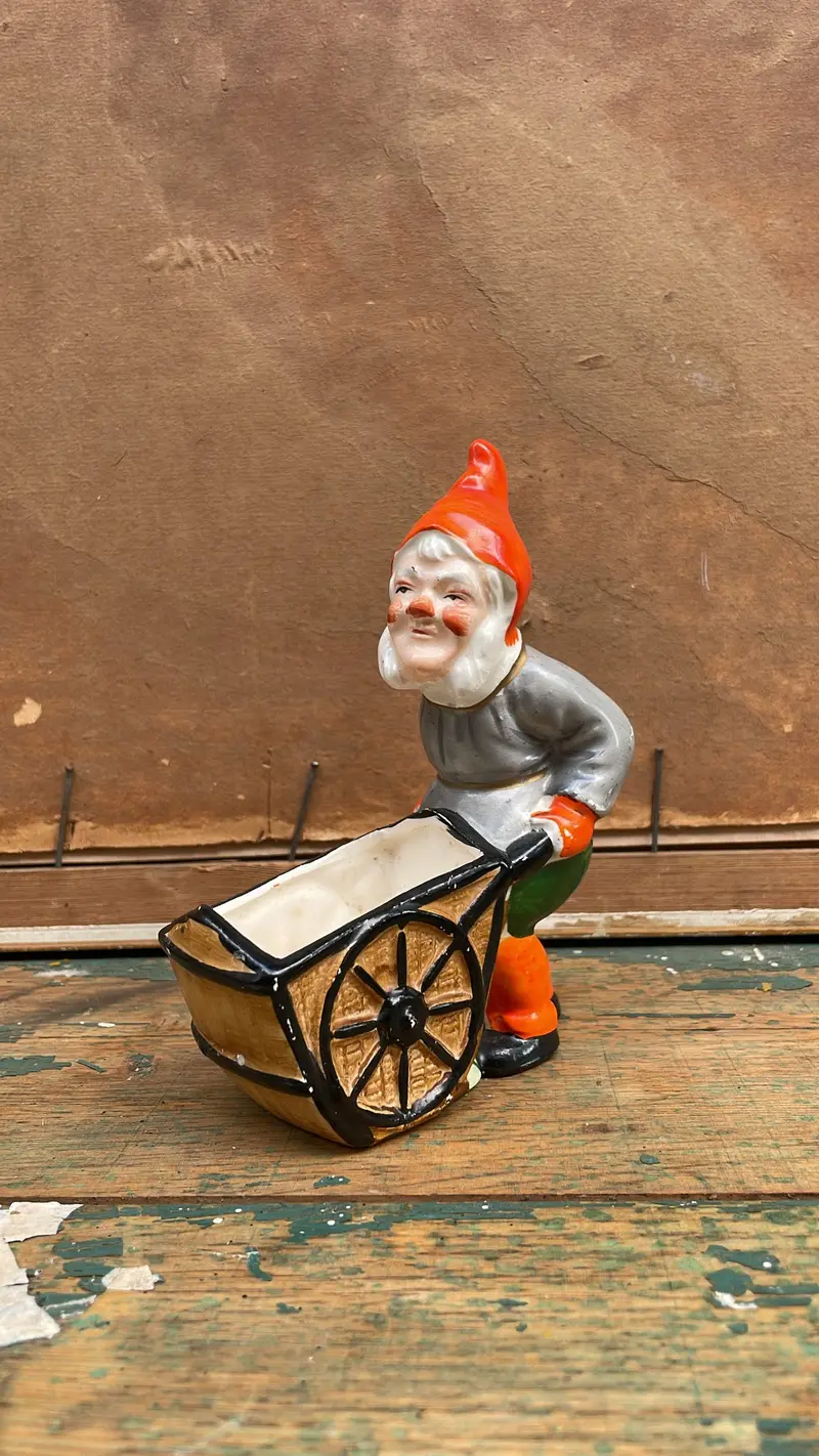 Vintage Scandinavian Tomte With Wheelbarrow — Hand-Painted Ceramic Julfigur Planter 1