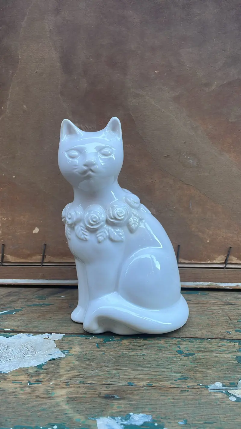 Vintage Swedish Ceramic Cat With Floral Relief (Attributed To Rosa Ljung) 1