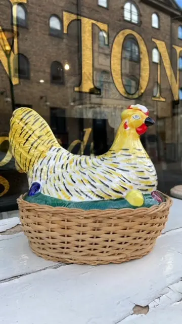 Vintage Swedish Chicken On Wicker Basket 1
